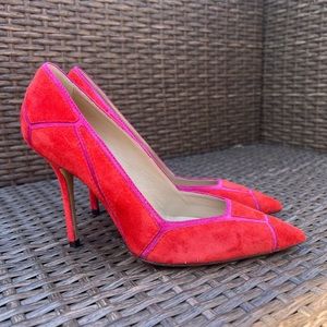 ROGER VIVIER red leather suede pointed toe pumps high heels with purple 34.5